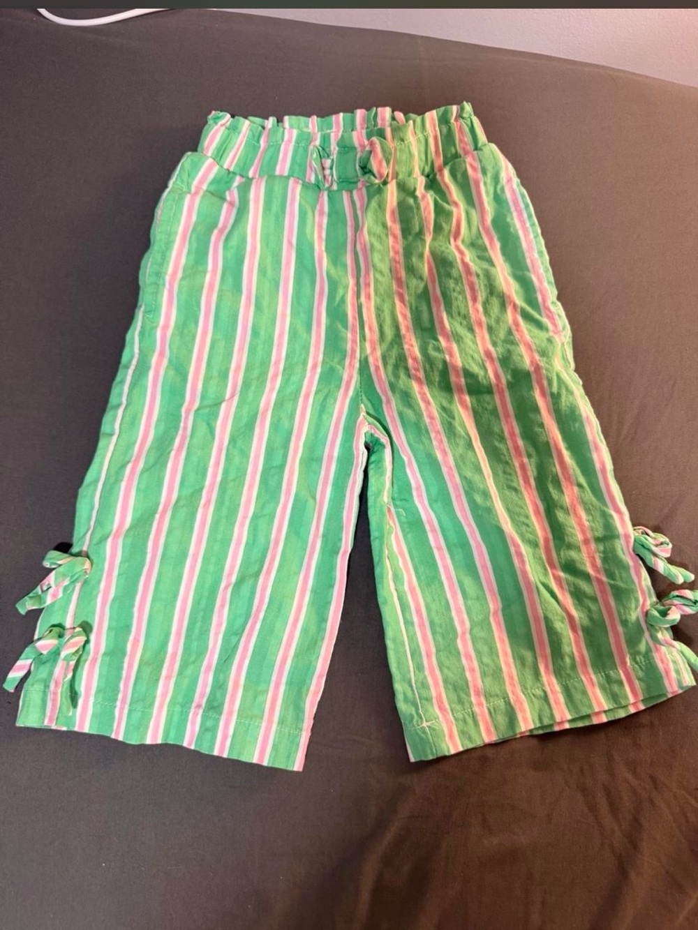 Girls Green and Pink Stripe Capris With Matching Hat